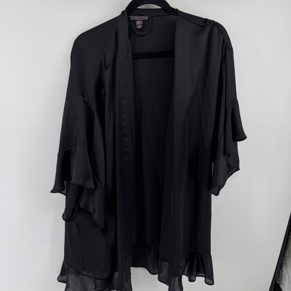 Victorias Secret Black Satin Ruffle Sleeve Kimono‎ Robe ML Loungewear 0026